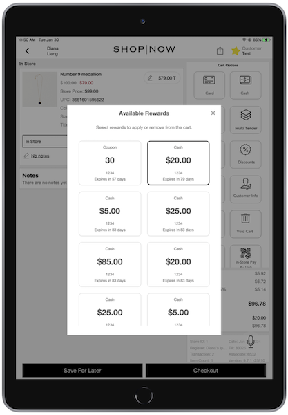 The Transaction Rewards marked for a transaction discount in the POS app.