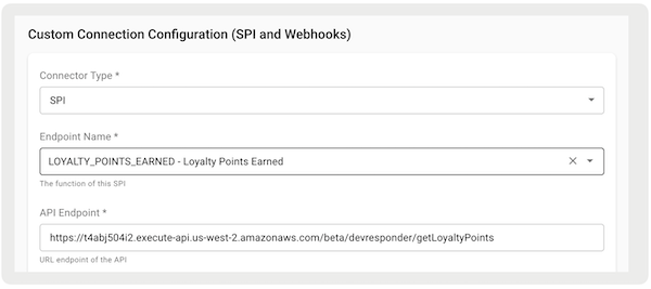 The Custom Connection Configuration with the Loyalty Points Earned endpoint configured.