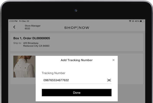 A window where you enter the tracking number of the order and select Done in the POS app.