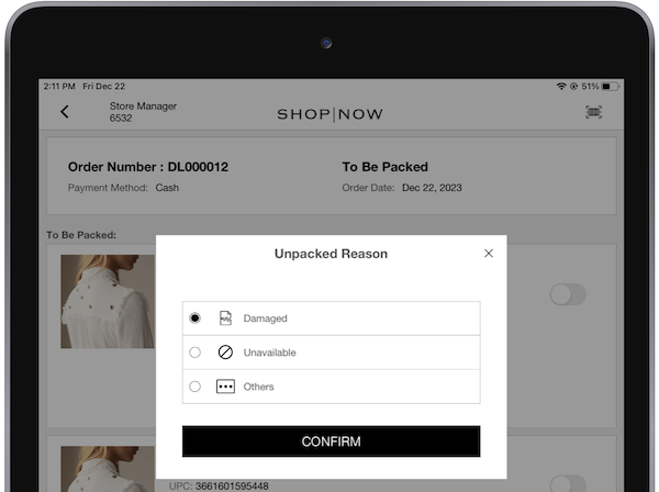 A window in the POS app where you can select a reason that you're unpacking the box.