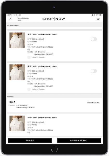 Items listed as to be packed and already packed, y box, in the POS app.