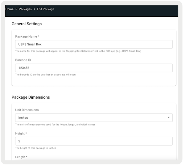 The Edit Package section on the Shipping Packages Configuration screen in Point of Sale CMS. Edit a package's dimensions, name, and barcode ID.