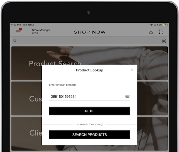 The Product Lookup Window that appears when you tap the Invetory Bucket ADjustment deep link in the POS app.