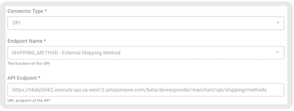 The Custom Connection Configuration section in Point of Sale CMS that shows the Shipping Methods endpoint.