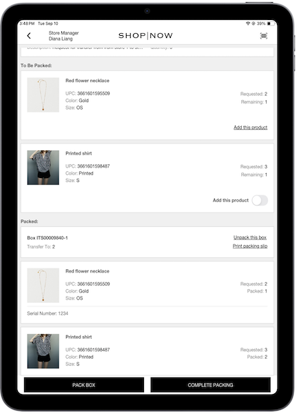 Products showing whether they're to be backed or packed in the POS app.