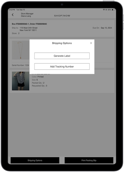 The Shipping Options Window in the POS App, where you can generate a label or add a tracking number to the transfer.