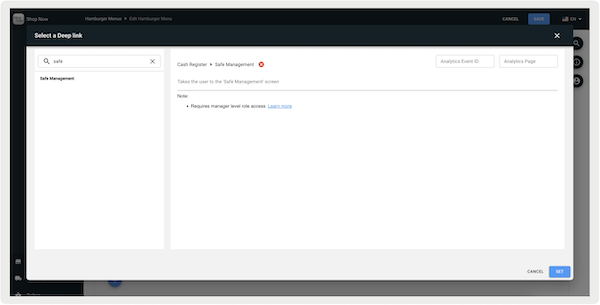 The Safe Management part of the Select a Deep Link section in Point of Sale CMS.