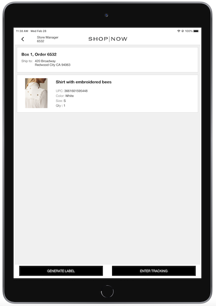 The POS app showing the option to generate a label or enter tracing for an order.
