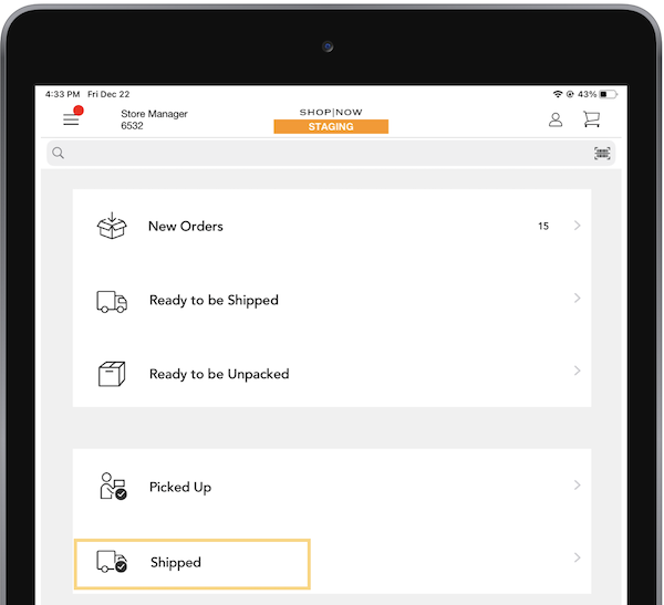 The Order History deep link in the POS app.