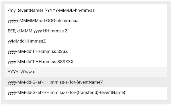 A list of acceptable file naming formats for file exports.