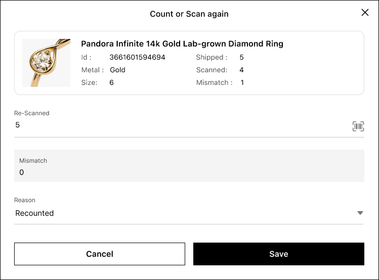 Recount window in the POS app for resolving receiving discrepancies.