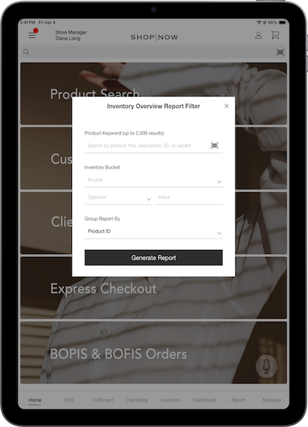 The Inventory Overview Report Filter in the POS app with a build later than 10.7.1.