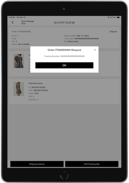 The Order Shipped window with the order ID number and tracking number in the POS app.