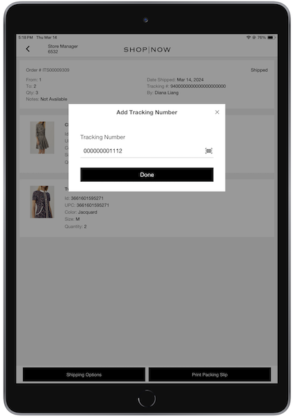 The Add Tracking Number window in the POS app.