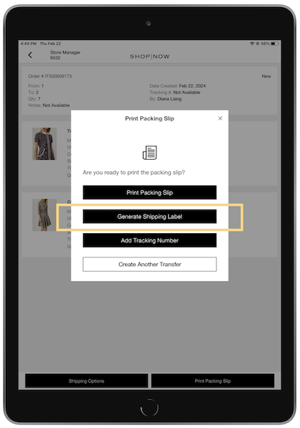 The Generate Shipping Label option in the Print Packing Slip window on the POS app.