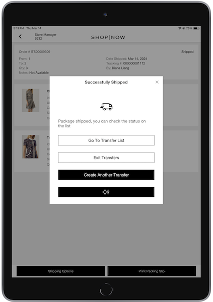The Successfully Shipped window in the POS app.