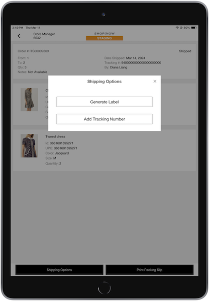 The Shipping Options window in the POS app, where you can generate a abel or add a tracking number.