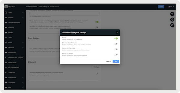 A window showing Shipment Aggregator Settings in Point of Sale CMS