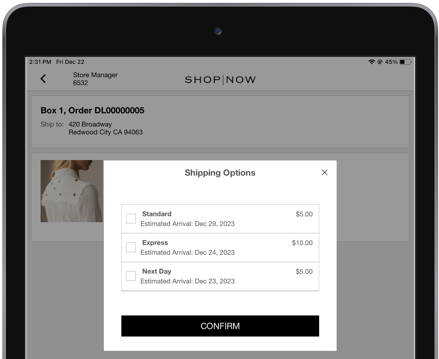 A window in the POS app where you select shipping options for an order and select Confirm.