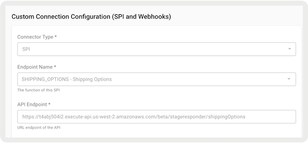 The Custom Connection Configuration section in Point of Sale CMS that shows the Shipping Options endpoint.
