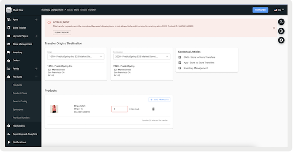 Point of Sale CMS showing an error in the Inventory Management page for invalid input when trying to do a store-to-store transfer.