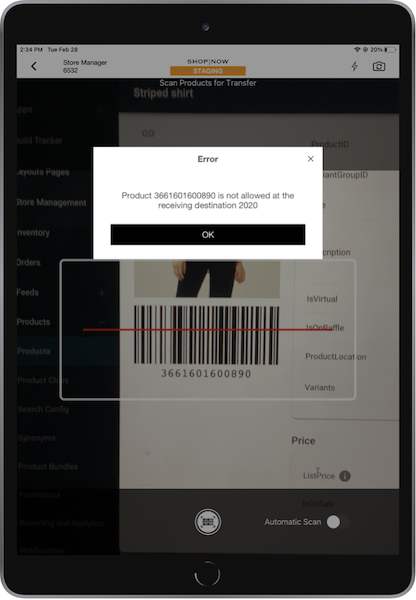 The POS app showing an error for invalid input when trying to do a store-to-store transfer.