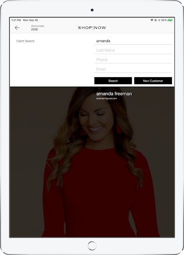 A client's name and email address that appear on the screen as the result of a search.