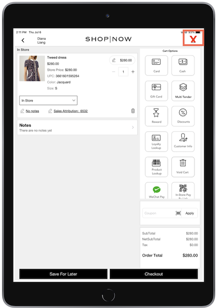 The POS app with the clienteling option unavailable.