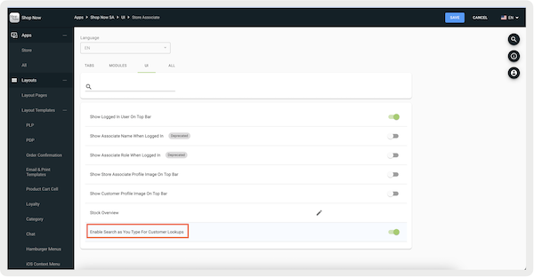 The Enable Search as You Type For Customer Lookups flag turned on in the Store Associates section of Point of Sale CMS.