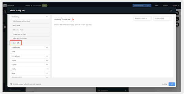 The Store CRM section of the Select a Deep Link screen in Point of Sale CMS.