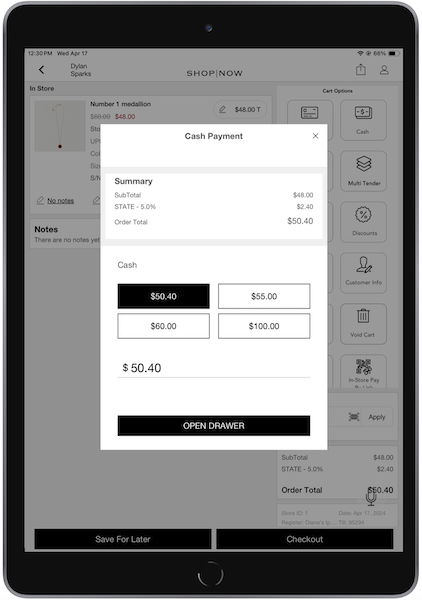 The Cash Payment window in the POS app, where you shoose an amount to pay and select Cash Drawer.