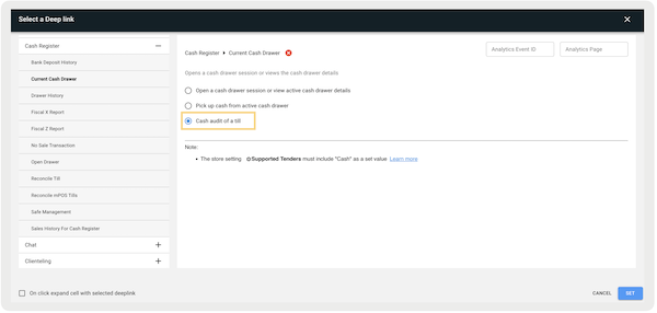 The Cash audit of a till deep link selected in the Deep Link section of Point of Sale CMS.