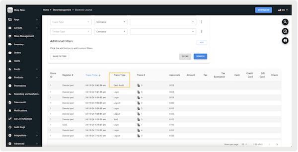 The Electronic Journal showing the transaction types in Point of Sale CMS.