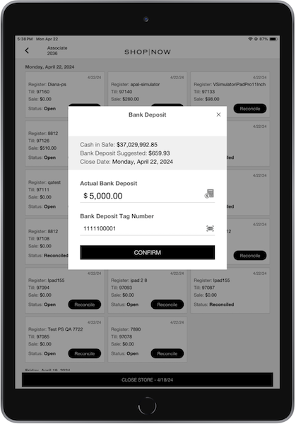 The Bank Deposit window in the POS app that shows the bank deposit for the day and an option to confirm.