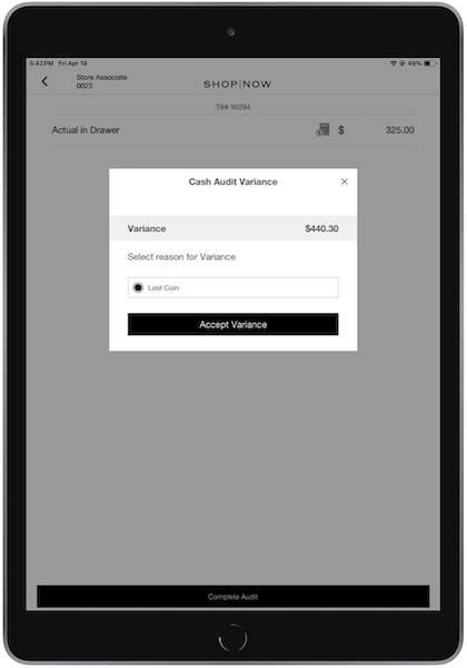 The Cash Audit Variance window in the POS app, where you pick a reason for the varriance and select Accept Variance.
