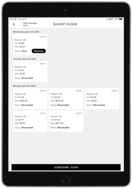The POS App showing the option to close the store at the bottom.