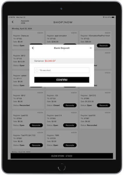 The Bank Deposit window that appears if there's a variance. Pick a reason for the variance and select Confirm.