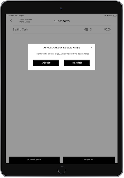 The POS app showing the Amount Outside Default Range window for the till. Select Accept or Re-enter.