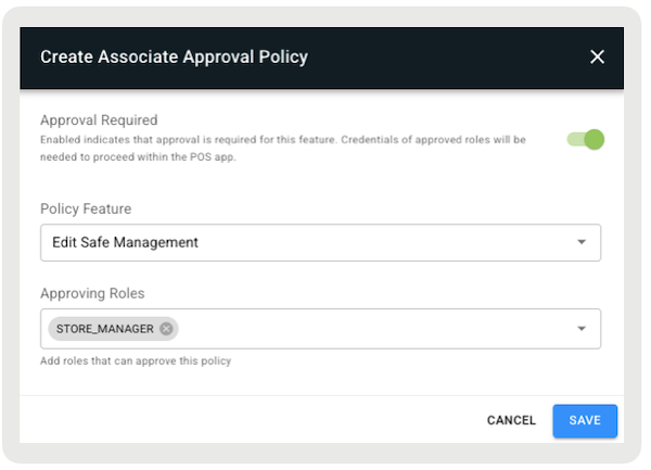 Configuring the Edit Safe Management feature in Point of Sale CMS.