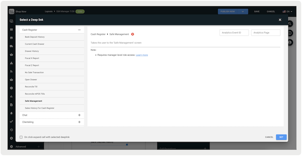 The Safe Management section of the Select a Deep Links screen in Point of Sale CMS.