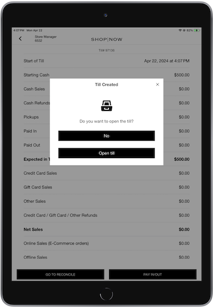 The Till Created window with an option to open the till in the POS app.