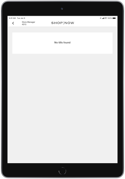 The POS app after you tap the Till Summary Deep link, showing no tills found.