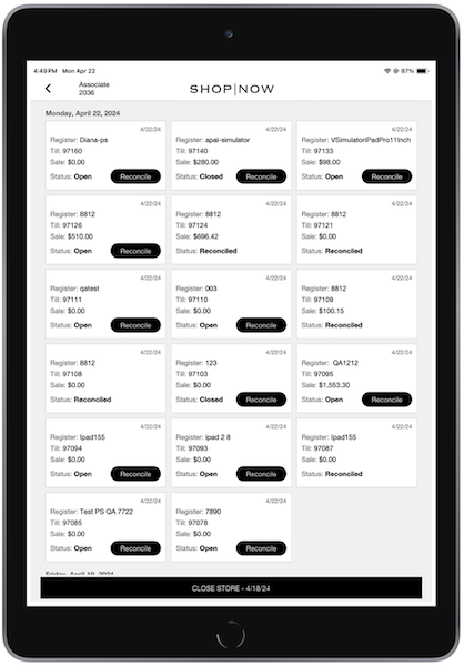 A list of tills from which to select in the POS app.