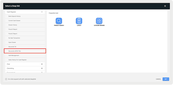 The reconclie mPOS Tills option highlighted in the Select a Deep Link page in Retail Cloud CMS.