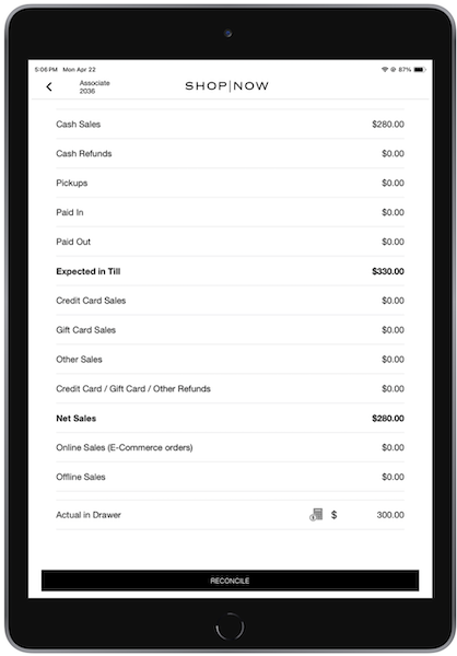 The POS App showing the Still screen, with Expected in Till and Net Sales highlighted.