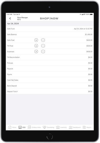 The Safe Management screen in the Retail POS app that shows the Expenses report.