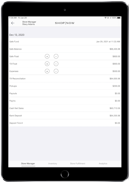 The screen that shows the safe's financial details in the POS app.