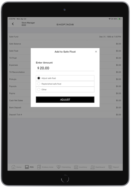 The Add to Safe Float window in the POS app, where you can select how to adjust a find and enter an amount.