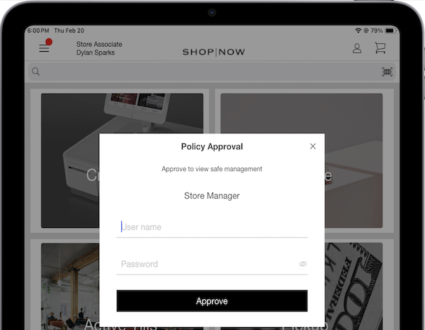 The Policy Approval window in the POS app, where the store manager enters their credentials.