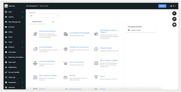 The Reason Codes section of Point of Sale CMS.